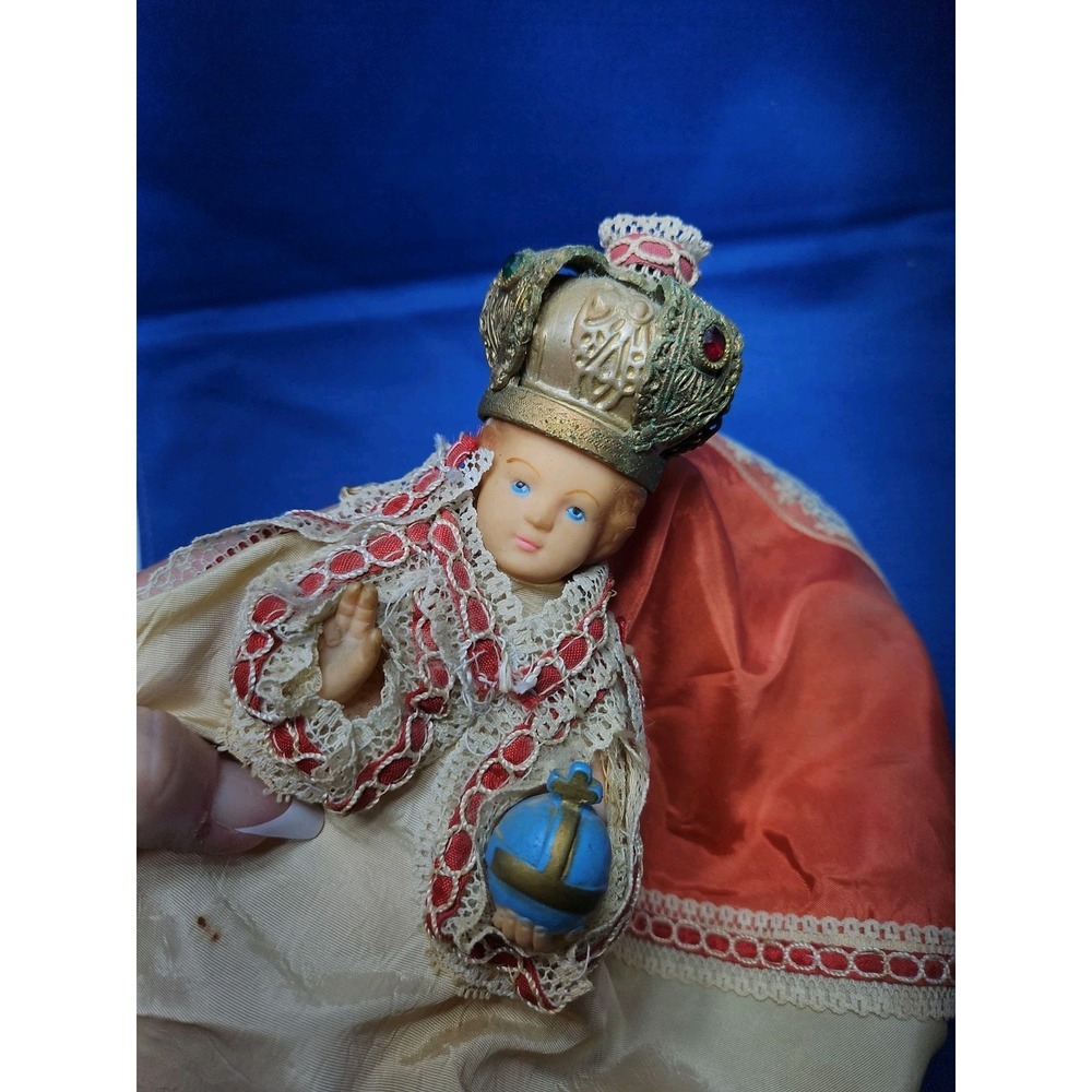 Vintage Infant Jesus of Prague Robe Gown Cape Jewels Catholic Icon Statue 12"